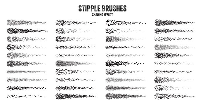 Ink scatter brush, stipple drawing and texturing. Fading gradient. Stippling, dotwork drawing, shading using dots. Halftone disintegration effect. White noise grainy texture. Vector illustration