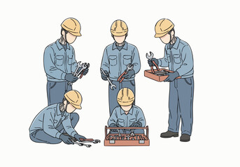 Line Art Men with Tools and Hard Hats in Various Poses Illustration