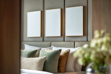 Ai Generated Three Golden Brass Blank A4 ISO Paper Wall Art Frames For a Mockup on the wall of a Luxury Bedroom interior in Beige, Gold and Green colors