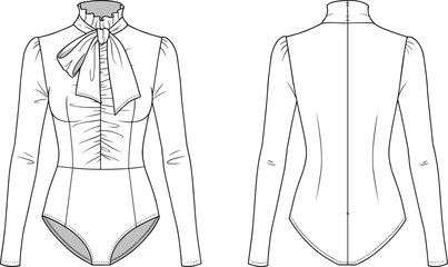  Women's fashion bodysuit flat sketch with long sleeves, front bow tie, ruched detail, technical drawing for apparel design template

 flat vector illustration