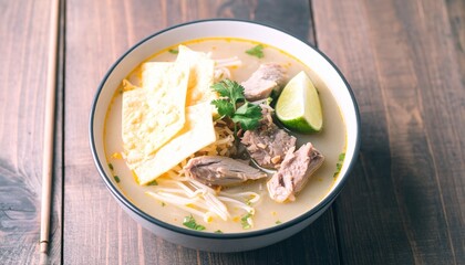 A vibrant bowl of hot Asian soup with tender meat, bean sprouts, crispy fried tofu skin, cilantro, and a fresh lime wedge, served on a rustic wooden table with chopsticks. This comforting and flavorf