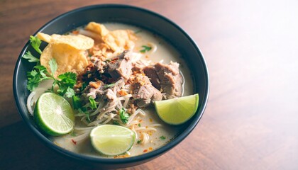 A close-up view of a rich and creamy Asian noodle soup, featuring tender meat, bean sprouts, fresh lime wedges, and aromatic herbs in a black bowl on a wooden table. This appetizing and flavorful dis