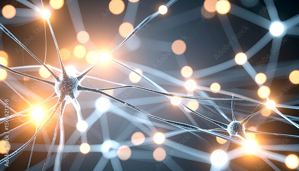 Poster abstract digital illustration depicting a neural network or brain cells with glowing connections. th