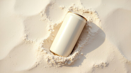 A mockup, a cream-colored tin can partially buried in the sand on the beach. Advertising of drinks. Ecology, environmental pollution, waste disposal, beach cleaning