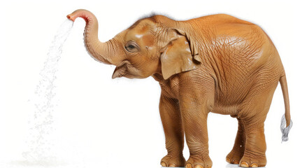 Obraz premium Young Elephant Playfully Spraying Water from Its Trunk in a Clean, Bright Setting
