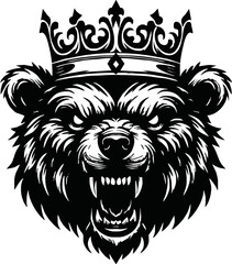 silhouette angry bear head with crown vector logo isolated on white background