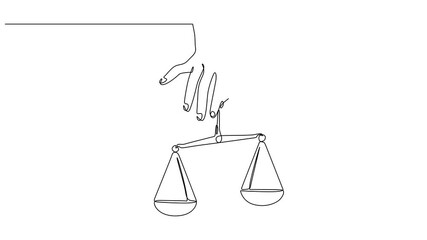 Self drawing animation of single continuous line drawing human hand holding a scale, The justice of law. World Day of Social Justice. Full length single line 