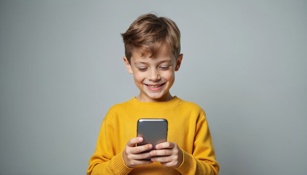 Young caucasian boy smiles while using smartphone against gray background. Blond kid in yellow sweater with mobile phone device texting or browsing. Portrait of child with happy face expression.