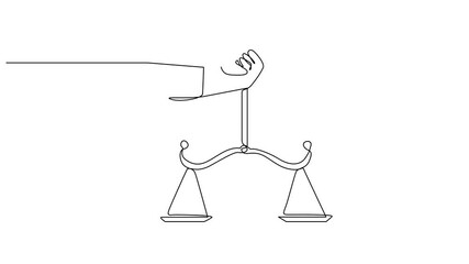 Self drawing animation of single continuous line drawing human hand holding a scale, The justice of law. World Day of Social Justice. Full length single line 