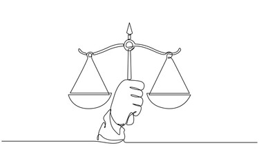 One single line drawing of hand holding weight scale symbol for world day of social justice, Hand holding gavel law balance and scale of justice equilibrium equality judgment. Libra icon one line