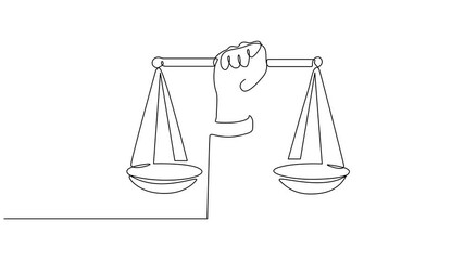 Self drawing animation of single continuous line drawing human hand holding a scale, The justice of law. World Day of Social Justice. Full length single line