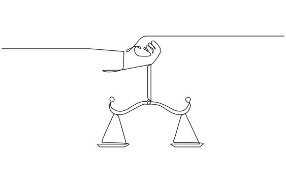 One single line drawing of hand holding weight scale symbol for world day of social justice, Hand holding gavel law balance and scale of justice equilibrium equality judgment. Libra icon one line  - Powered by Adobe