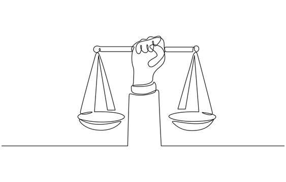 One single line drawing of hand holding weight scale symbol for world day of social justice, Hand holding gavel law balance and scale of justice equilibrium equality judgment. Libra icon one line 
