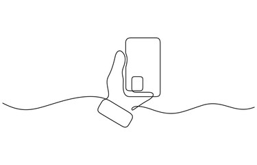 Obraz premium Continuous one line drawing of hand holding credit card. Contactless bank card in hand, Hand holding credit card in a continuous one line drawing style. Editable line vector illustration.