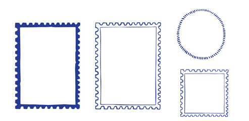 Stamp coastal frames. Vintage squiggle borders. Hand drawn frame for menu, wedding invitation, coastal party. Italian ornament border design. Doodle wiggle retro stamp poster. Scallop crayon emblem bg