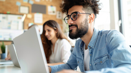 Man with glasses working on a laptop in a bright office with a woman in the background engaged in a collaborative task