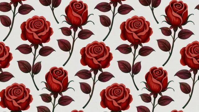 Red roses blooming seamless pattern creates a romantic and elegant design.