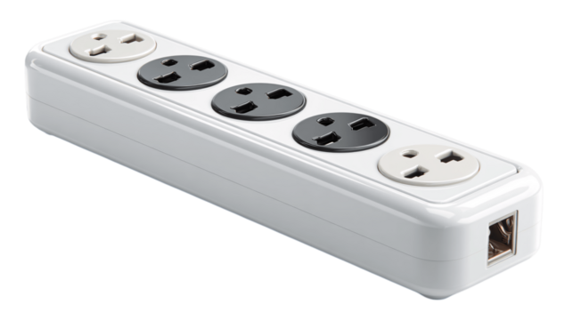 A durable stylish power strip, white background --ar 16:9