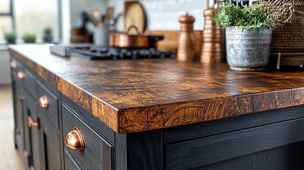 Close-up of a dark wood kitchen island countertop.