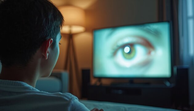 Person watching TV, reflection eye on screen. Intense focus on the screen. Dark room, home interior. Entertainment media consumption, digital tech concept. Portrait, visual content.