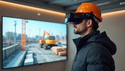 Man wearing VR headset in construction environment. Worker looks at construction site simulation, planning design process with digital tools, VR technology. Building industry, engineering innovation.