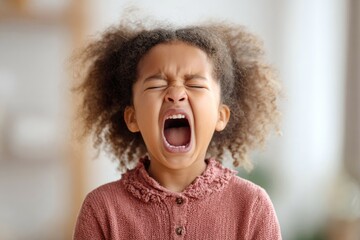 African girl screaming with mouth wide open, face expressing anger and indignation, strong emotions, concept of stress in children