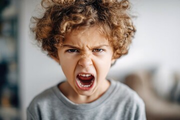 Angry curly boy screaming with mouth wide open, face expressing anger and indignation, strong emotions, concept of stress in children
