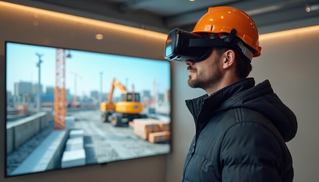 Man wearing VR headset in construction environment. Worker looks at construction site simulation, planning design process with digital tools, VR technology. Building industry, engineering innovation. - Powered by Adobe
