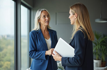 Two pro businesswomen have discussion in modern office. Colleagues talk. Business people in formal wear with laptop. Teamwork concept. Office interior with panoramic windows. Cooperation in business.