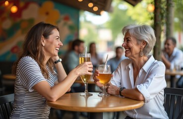 Two happy female friends enjoy drinks in bar. Young woman and senior lady chat, laugh together. Friendship, social gathering, multi-generation, happy people, leisure time.