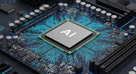 Artificial Intelligence Power Acloselookatthe AIprocessingunitintegratedintoacircuitboard,showcasingitscomplexdesignandmoderntechnology.