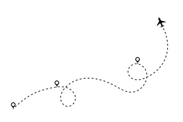 Line path for plane icon with travel map, flight route, and air trip design. Dash and dot trace show journey toward a destination. Use as vector or background. © Elena