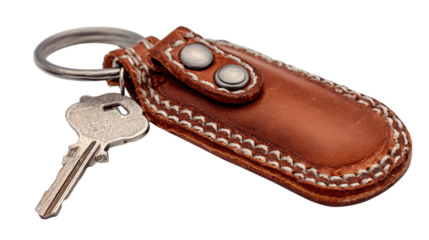 A polished miniature leather key wallet, white background --ar 16:9