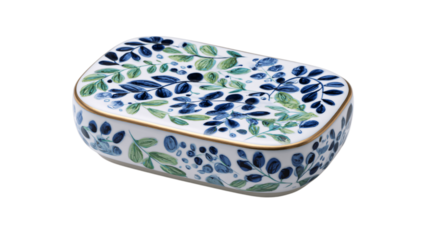 A premium hand-painted soap dish, white background --ar 16:9
