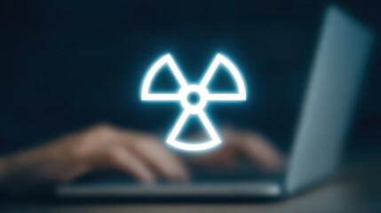Typing on laptop with glowing radioactive hazard symbol floating, conveying digital danger and alert concept