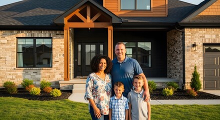 Happy family stands proudly in front of their beautiful new home, a stunning brick house bathed in the golden light of sunset. A picture of family unity and success.