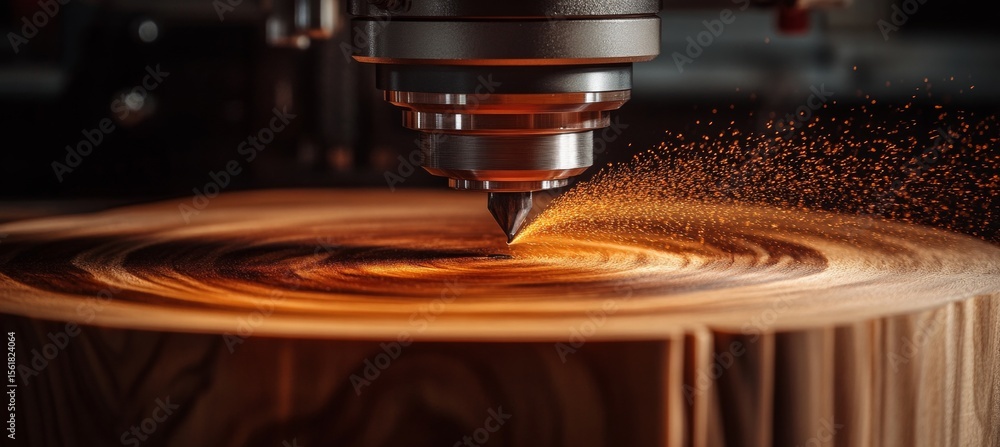 Poster automated cnc milling machine crafting intricate designs in walnut wood for industrial applications