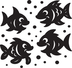 Fototapeta premium Four Black Fish Silhouettes Swimming Among Bubbles