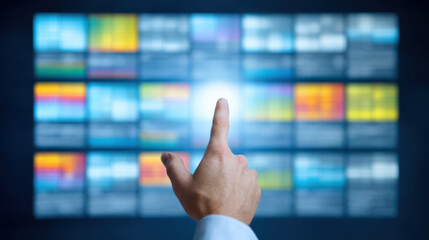 Finger pointing at digital screen with colorful data charts and graphs in futuristic technology interface