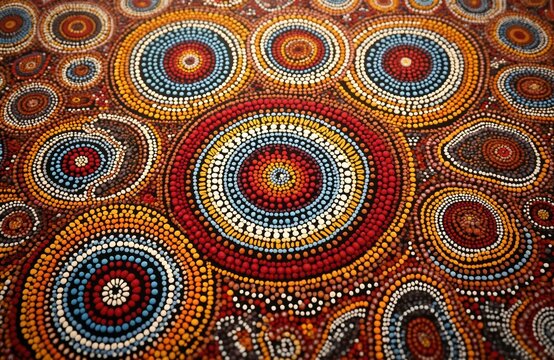 Intricate Aboriginal dot painting of Dreamtime stories with vibrant colors and patterns. Artistic expression, cultural heritage of Australian indigenous people. Traditional art.