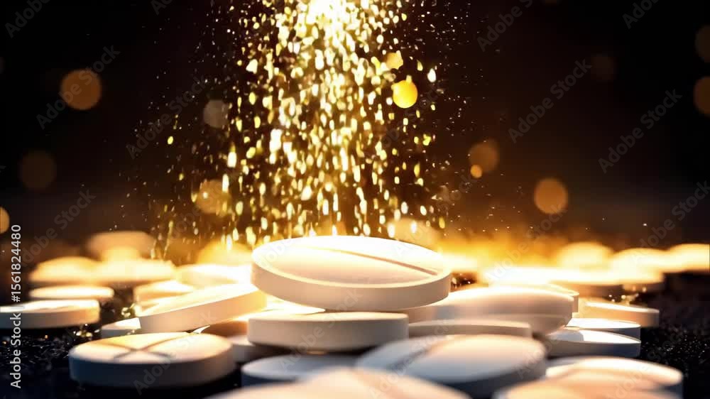Poster a pile of white tablets with a golden sparkly effect above them, creating a visually striking contra