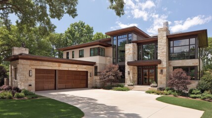 Naklejka premium Contemporary style home exterior with stone accents, large windows, and a spacious driveway.