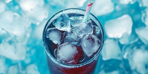 Refreshing Iced Drink Glass with Ice Cubes, Close Up Photography
