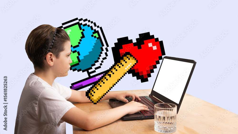 Fototapete playful concept with child at a laptop interacts with pixel style graphics of a heart and globe. con