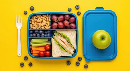 Healthy balanced lunchbox with sandwich, fruits, vegetables and pasta on yellow background