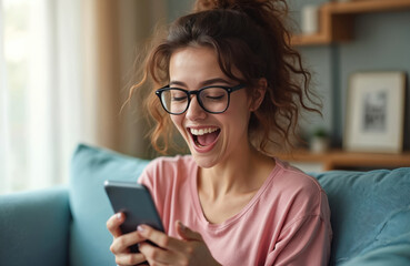 Young woman glasses looks at phone screen, excited by good news. Overjoyed lady celebrating online win reading success message at home. Happy girl using modern tech device smartphone.