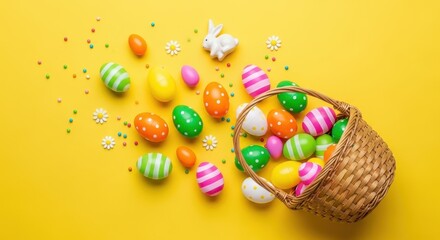 Colorful Easter eggs spilling from basket on yellow background