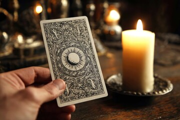 Fortune teller's hand holding tarot card, on dark background with burning candle. Concept of astrology, occult magic and horoscope forecast
