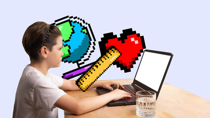 Playful concept with child at a laptop interacts with pixel style graphics of a heart and globe....
