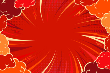 Red Pop Art Comic Background with Clouds Border. Red comic halftone style background. Retro comic book style empty backdrop for magazine, cover, ad, banner, websites